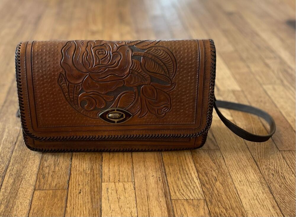 Vintage Hand Tooled Leather Crossbody Bag Floral  Western Cowgirl